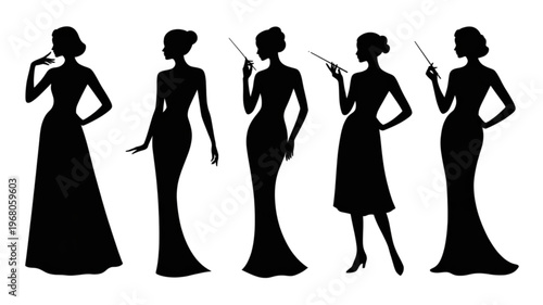 Five silhouetted women in elegant evening gowns standing side by side Vector