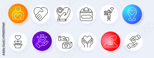Charity donation set icon. Heart hands medical help box volunteer location plant care vote support line icons minimal outline style social aid objects collection.
