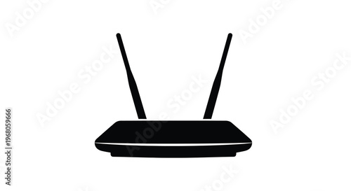 A simple black and white illustration depicting a wireless router with two prominent antennas high quality