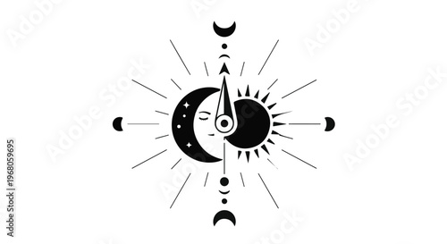 Celestial sun and moon illustration with stars and a compass arrow, representing cosmic balance and astrological themes for spiritual designs.