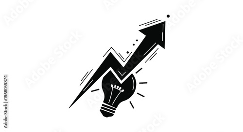 Light bulb illustration combines a glowing bulb with a dynamic lightning bolt and an upward-pointing arrow, symbolizing a sudden surge of creative ideas, rapid innovation, and significant business.