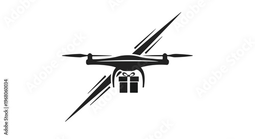 Drone illustration depicts a modern unmanned aerial vehicle in black silhouette, carrying two wrapped gift boxes with dynamic speed lines, symbolizing swift delivery and advanced logistics services.