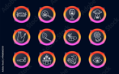 Cannabis lifestyle culture set icon. Line symbols with text high time, magnifier leaf, wine glass leaf, flying saucer leaf, bong bottle, smoking joint, cannabis pills, flower plant pot