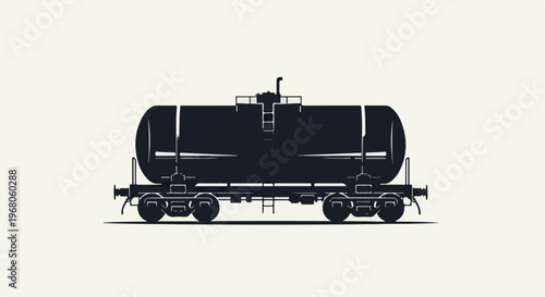 Silhouette of a dark train tank car against a light background