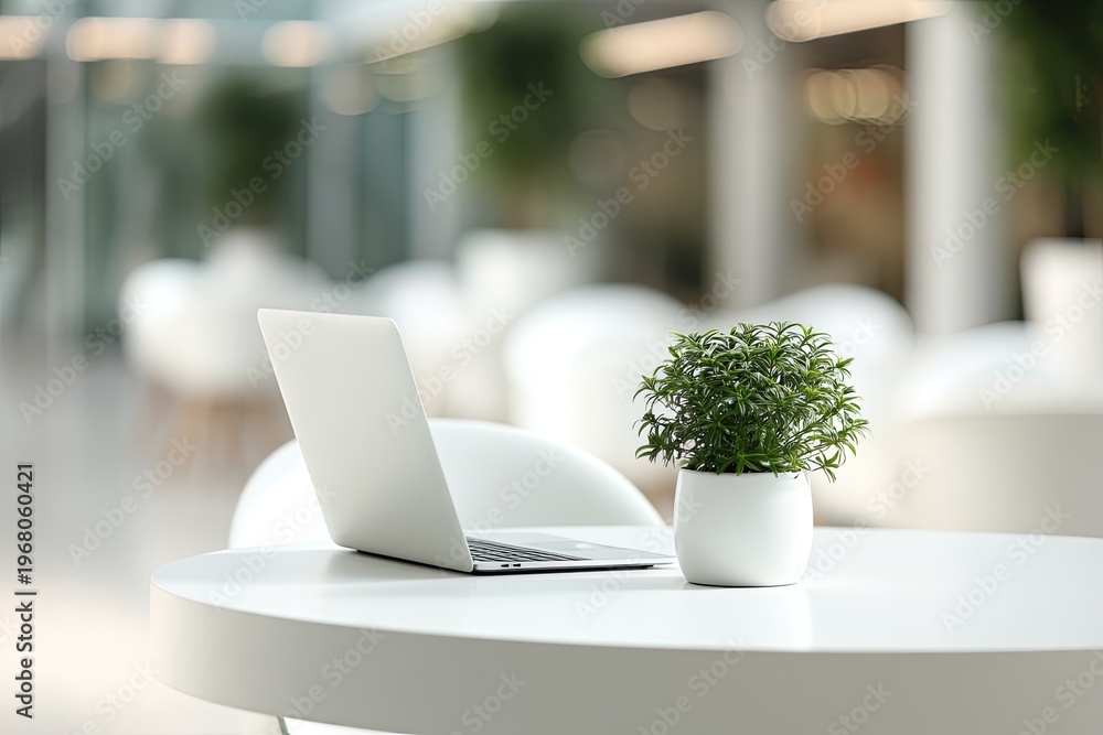 Fototapeta premium Laptop and plant on a white table in a bright, modern indoor space