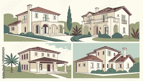 Vector illustration of a luxurious modern villa. Luxury suburban real estate, architectural design. Architecture and interior design.