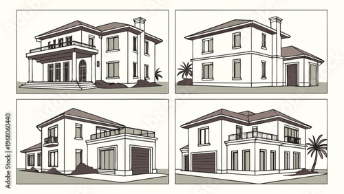 Vector illustration of a luxurious modern villa. Luxury suburban real estate, architectural design. Architecture and interior design.
