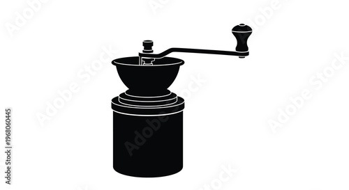 A black and white illustration depicting a vintage coffee grinder with a cylindrical body high quality