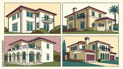 Vector illustration of a luxurious modern villa. Luxury suburban real estate, architectural design. Architecture and interior design.