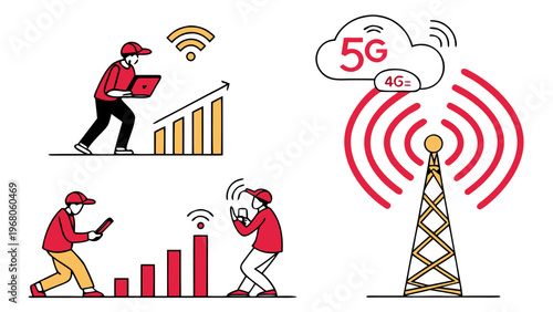 Vector illustration of the 5G, 4G network. Modern communications, high-speed Internet. Abstract waves and a signal. Digital communications, telecommunications, and innovation.