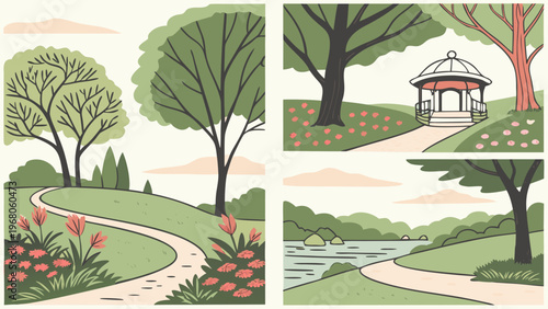 Vector image of the landscape design of the garden. Trees, shrubs, flower beds, lawn. The layout of the infield. Elements of landscaping and landscaping.