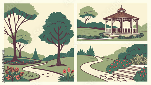 Vector image of the landscape design of the garden. Trees, shrubs, flower beds, lawn. The layout of the infield. Elements of landscaping and landscaping.