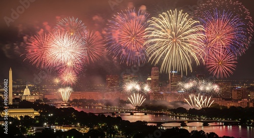 4th of july fireworks display over city skyline on independence day celebration