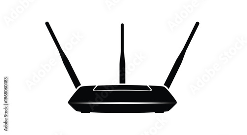 A black silhouette of a wireless router with three external antennas is prominently displayed high quality
