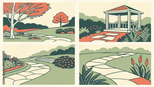 Vector image of the landscape design of the garden. Trees, shrubs, flower beds, lawn. The layout of the infield. Elements of landscaping and landscaping.