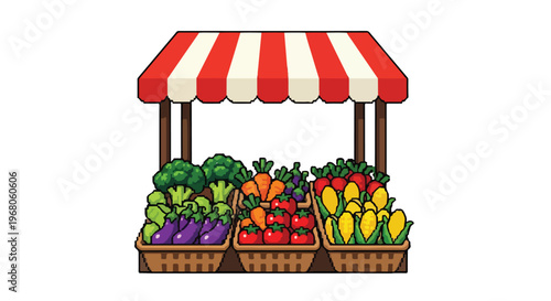 A colorful vector illustration of a market stall filled with fresh vegetables under a classic red and white striped awning on a white background.