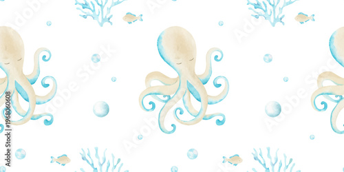 Octopus, fish, coral reef and bubbles watercolor hand drawn kids seamless pattern. Baby background with marine underwater inhabitant. Children undersea print ocean animals for fabric, bedding, linen