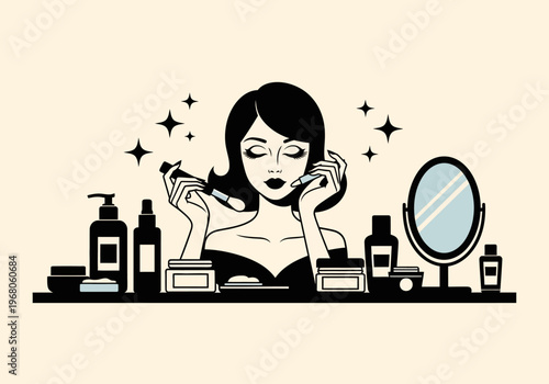 Retro Chic Illustration of a Woman Applying Makeup at a Beauty Vanity with Skincare Products and Cosmetics