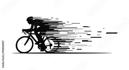 Silhouette of a cyclist in motion, with speed lines emanating from the back of the bicycle and rider.