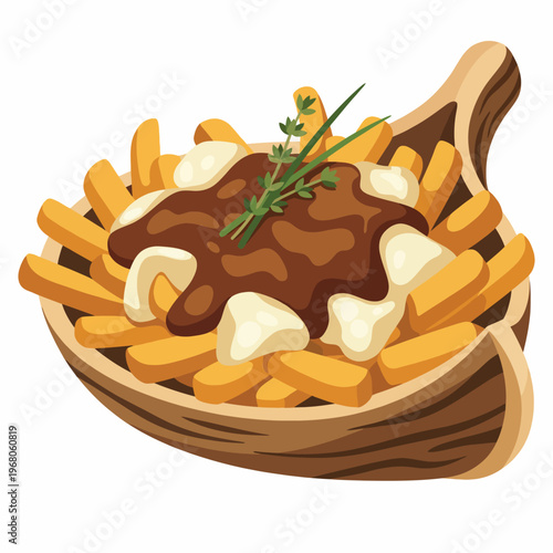 This appetizing image features a hearty serving of poutine with crispy fries, cheese curds, and rich gravy, celebrating French-Canadian culinary tradition and comfort food.