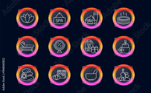 Spa wellness set icon. Lotus symbol, spa signboard, cream cosmetic tube, hot bath tub, massage bed, beauty mirror, bathrobe slippers, candle flower aroma, hot stones therapy, spa calendar booking