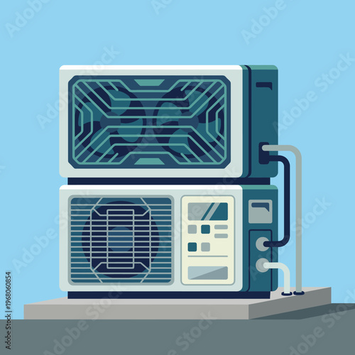A minimalistic design of a modern air conditioning unit showcasing sleek lines and a clean aesthetic, perfect for illustrating technological advancements in comfort.