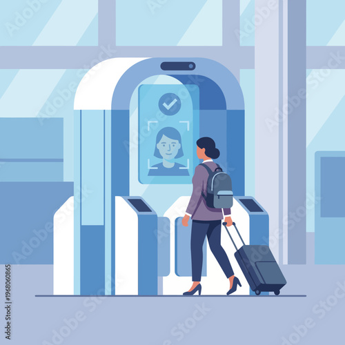 A facial recognition checkpoint reflects advancements in travel security technology, enhancing the airport experience through innovative and efficient identification methods for travelers.