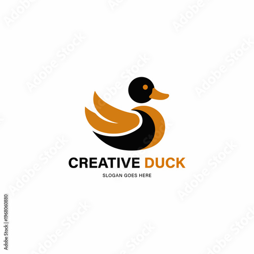 A unique logo design featuring a sleek, stylized duck in black and orange, signifying creativity and innovation, suitable for branding in various industries.