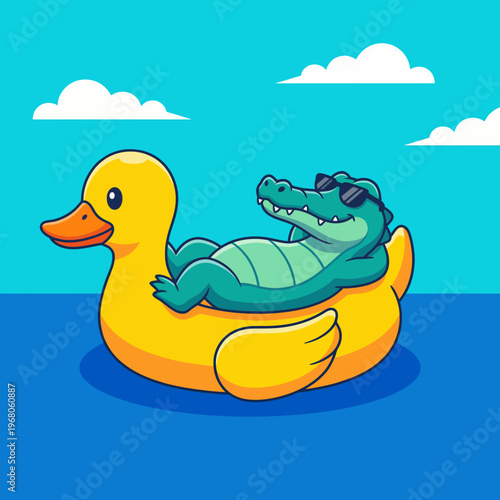A playful illustration featuring a relaxed alligator wearing sunglasses, lounging on a vibrant yellow rubber duck float in a bright blue sky and water setting.