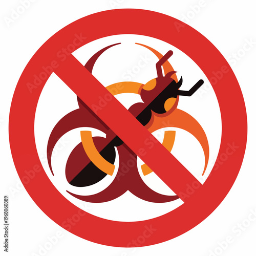 A striking graphic depicting a red circular no symbol over a stylized ant image, combined with a biohazard outline, cautioning against ant infestations and related hazards.
