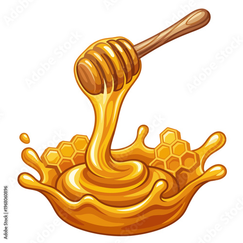 This image features a rich, golden honey cascading from a wooden dipper, surrounded by droplets, highlighting the sweetness and natural essence of honey.