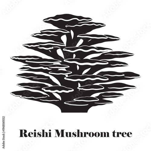 Artistic Reishi mushroom tree silhouette with layered bracket fungi pattern, black and white medicinal mushroom graphic for wellness, holistic health branding, and nature concepts.
