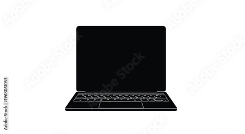 A minimalist depiction of a black laptop viewed straight on against a stark white background
