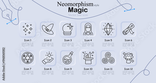 Magic set icon. Sparkles, witch hat, crystal ball, hooded figure, crystal shard, scroll, magic circle, glowing hand, potion bottle, top hat, swirl symbol, fantasy line icons