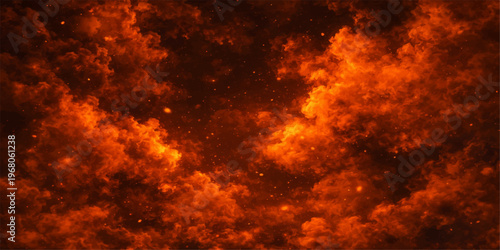 Abstract a breathtaking atmospheric vista of fiery clouds, painted in vibrant shades of orange, red, and golden yellow, evoking a sense of drama, intensity, and natural phenomenon.