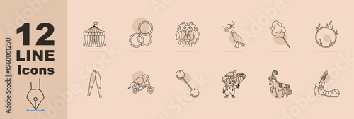 Circus entertainment line icons set with circus tent, rings, lion, cannon, cotton candy, fire hoop, stilts, stunt bird, balancing baton, clown performer, carousel horse and clown shoe