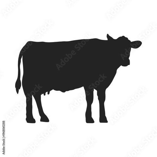 Isolated illustration of a silhouette image from the side of an adult cow in flat style for icons with a cow animal theme.