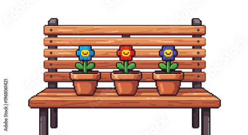 A pixel art illustration features three colorful potted flowers with cute faces resting on a wooden park bench against a plain white background.