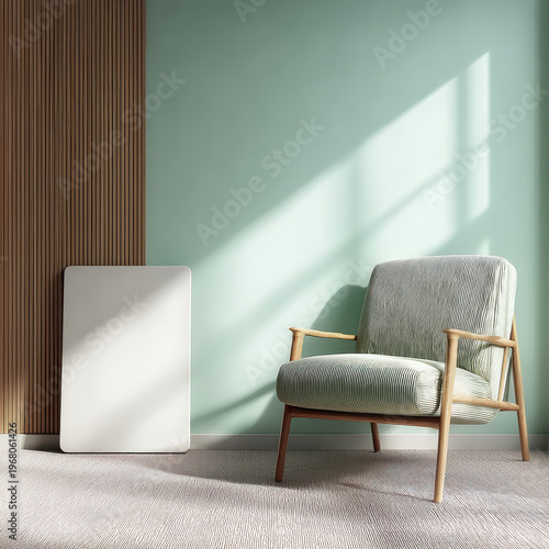 Modern armchair wooden frame white poster mint green wall sunlight minimal interior cozy empty room soft carpet