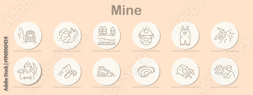 Mine set icon. Line symbols depict tunnel train, coal rock, forest land, miner helmet, work overalls, pickaxe tool, worker with tool, dynamite charge, excavator machine