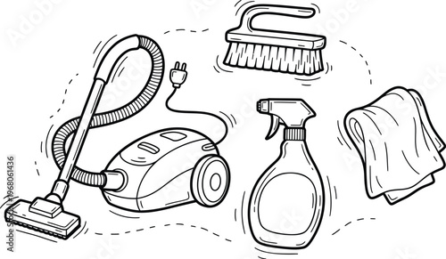 Collection of household cleaning equipment and tools