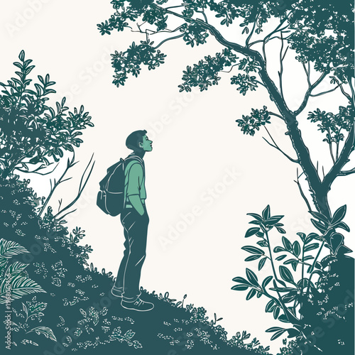 A solitary figure with a backpack stands on a grassy hill gazing upwards towards lush green foliage and trees