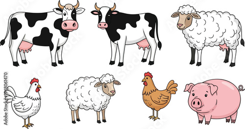 Variety of Farm Animals Cows, Sheep, Pigs & Chickens