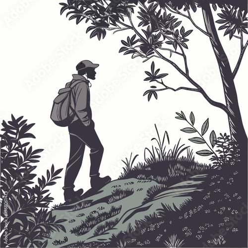 A solitary hiker walks along a winding hillside path framed by lush foliage and a stylized graphic aesthetic high quality