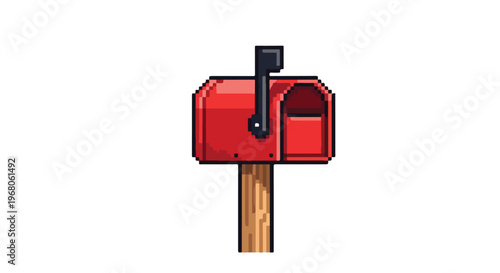 Pixel art illustration of a classic red mailbox with an open front and a raised black flag, mounted on a textured wooden post against a white backdrop.