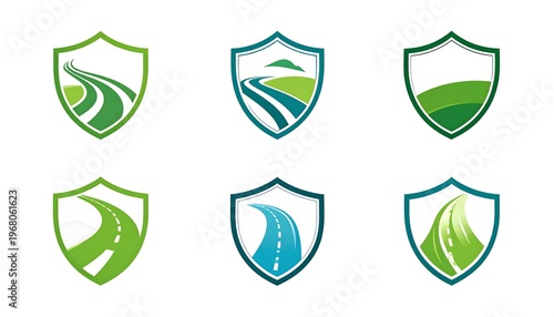 Six shield-shaped logos with winding roads and various color schemes