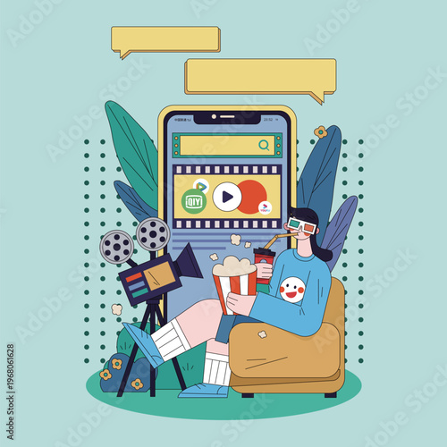 Young woman sitting in armchair wearing 3D glasses eating popcorn and drinking soda watching movie on smartphone screen with cinema camera and film strip flat vector illustration