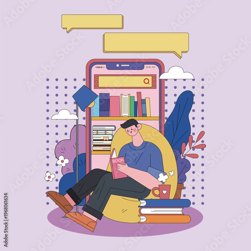 Young man reading book sitting on bean bag in front of giant smartphone bookshelf with lamp and plants flat vector illustration for online library digital reading and education concept