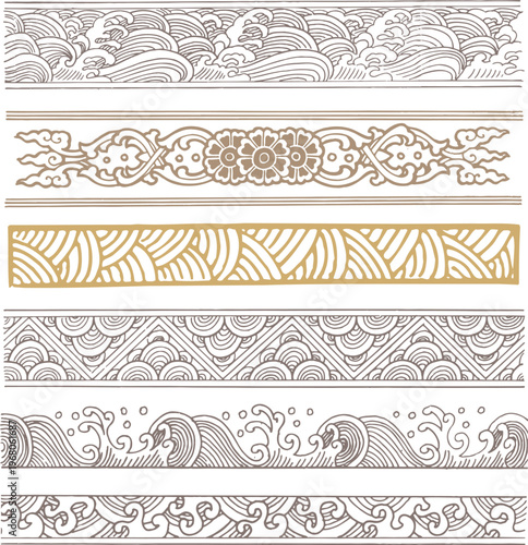 Collection of traditional oriental wave and floral border patterns hand drawn vintage Japanese and Chinese decorative elements for greeting card invitation and packaging design