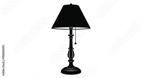 A black silhouette of a classic table lamp with a conical shade and ornate base